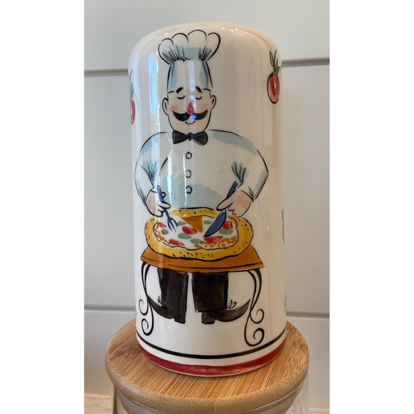Whimsical Ceramic Cheese Shaker with Pizza Chef, Tomatoes and Cheese - Picture 1 of 6